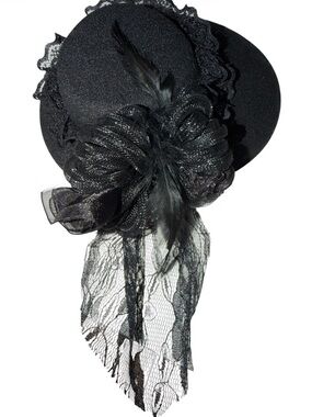Classy Black Hat /Fascinator with Lace and Feather Adornments